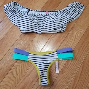 Black & White Off the Shoulder Swimsuit Set